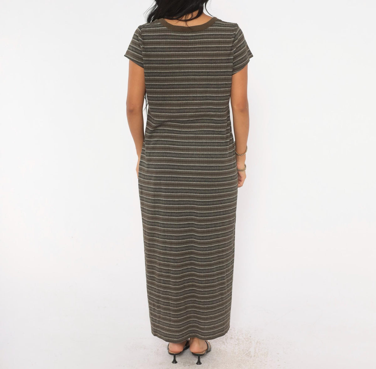 90s No Boundaries Striped Ribbed Knit Midi Dress Olive Brown Scoop Neck Large