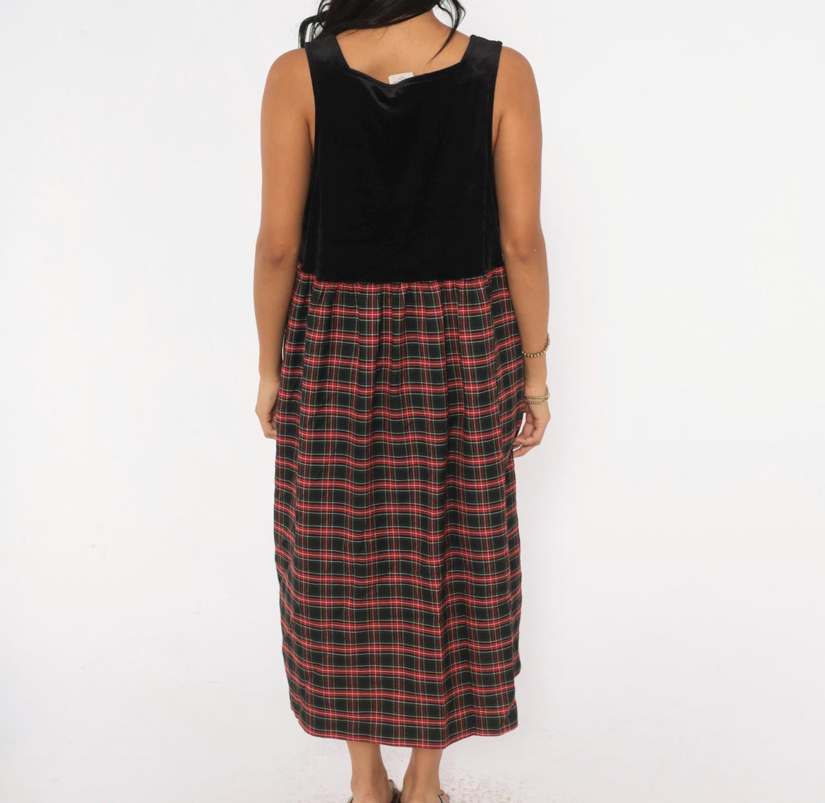 90s Pam's Closet Velvet Plaid Midi Dress Black Red Tartan Medium M