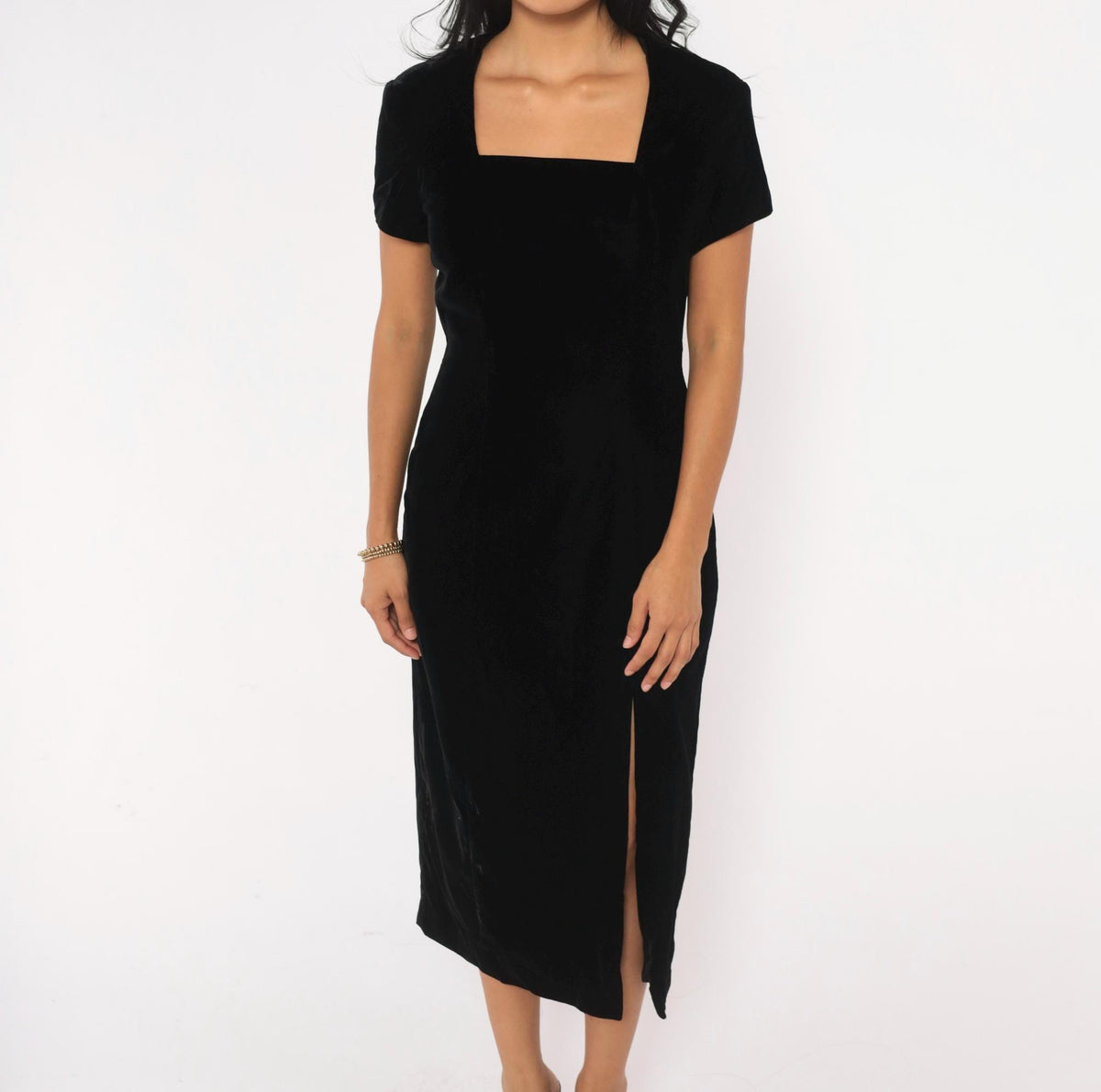90s Sara Campbell Velvet Midi Dress Black Square Neck Short Sleeve Small S