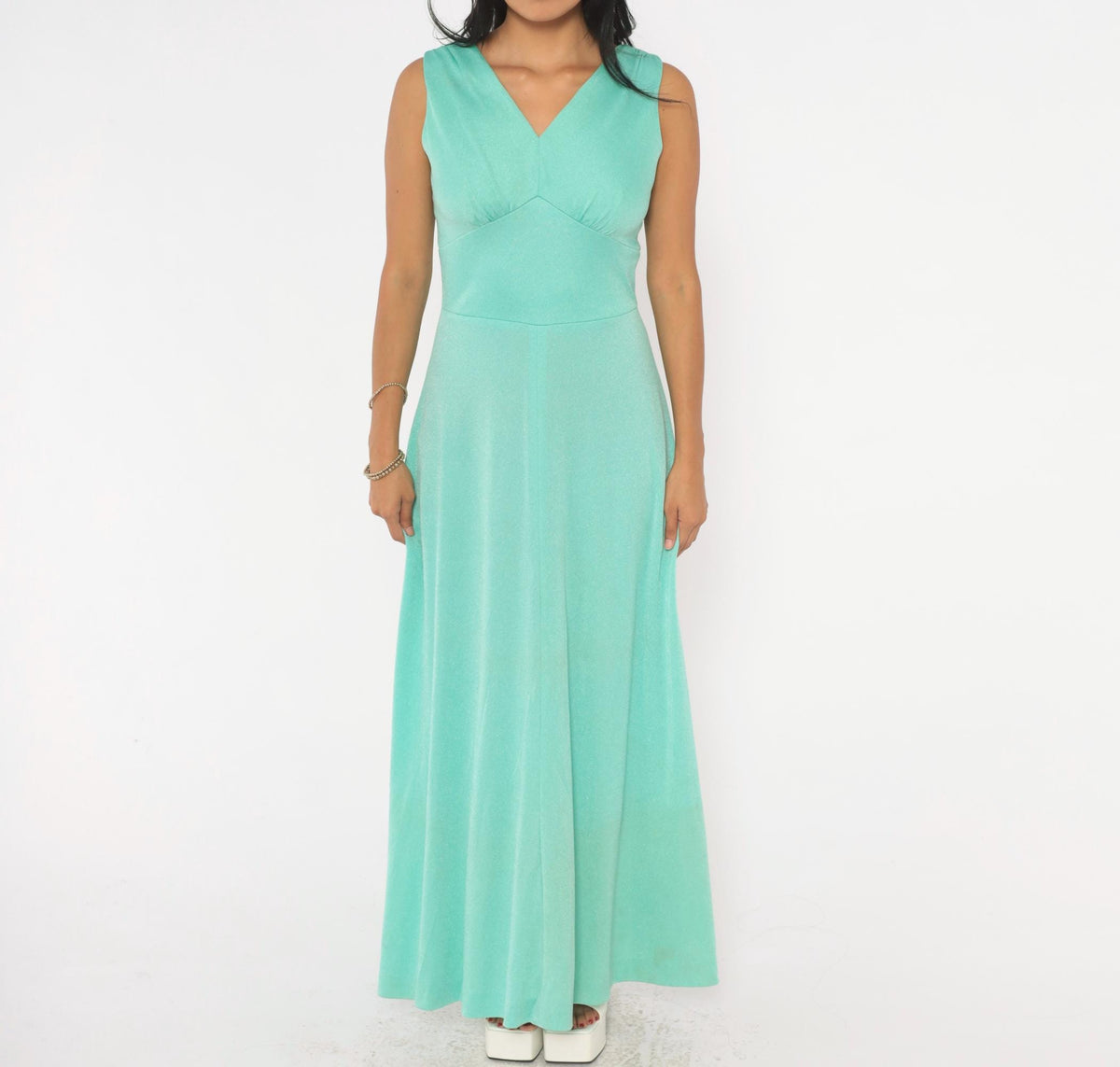 70s Mint Green Maxi Dress Sleeveless V-Neck Empire Waist A-Line Small