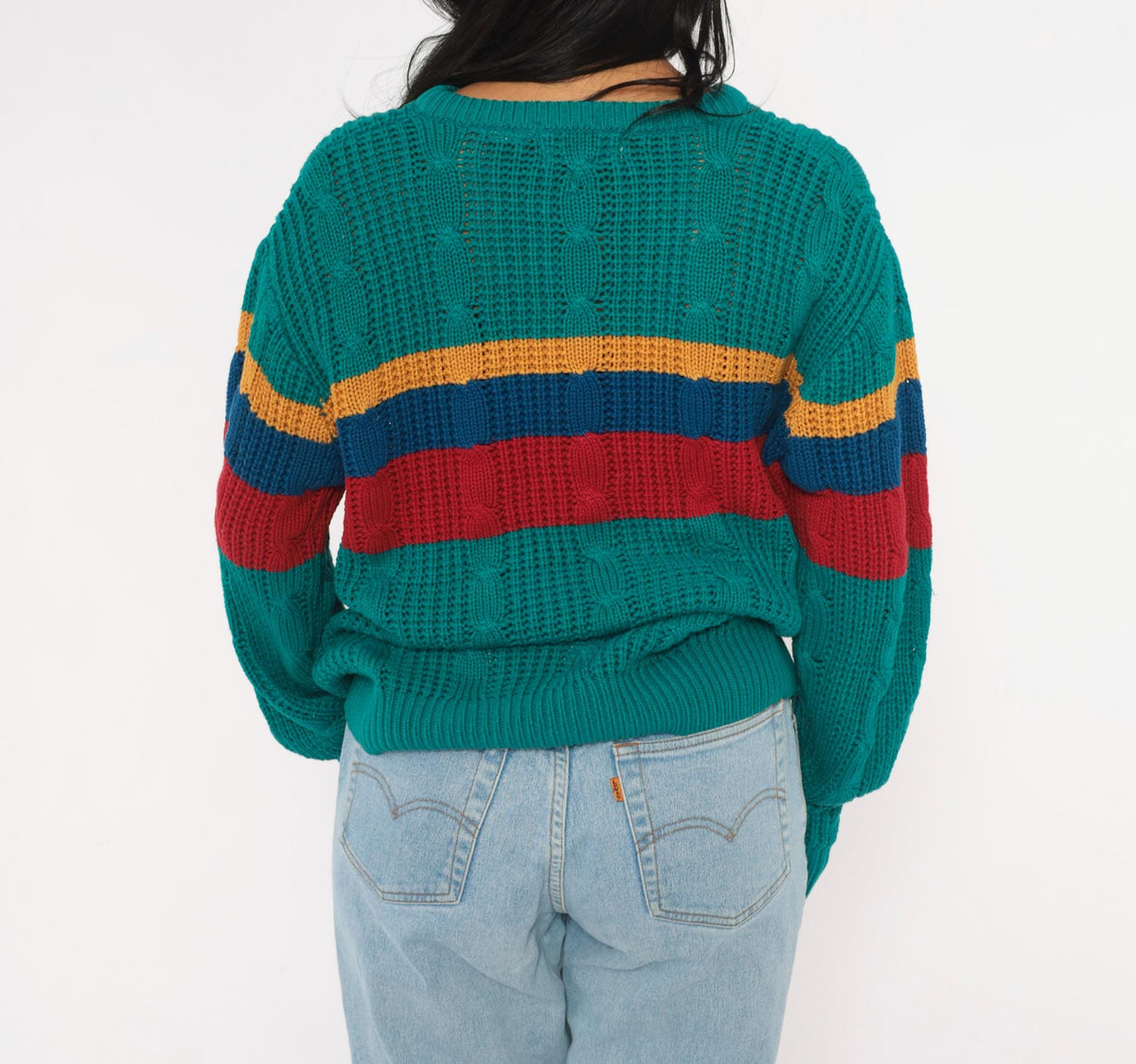 80s Teal Cable Knit Sweater Color Block Stripes Crew Neck Medium M