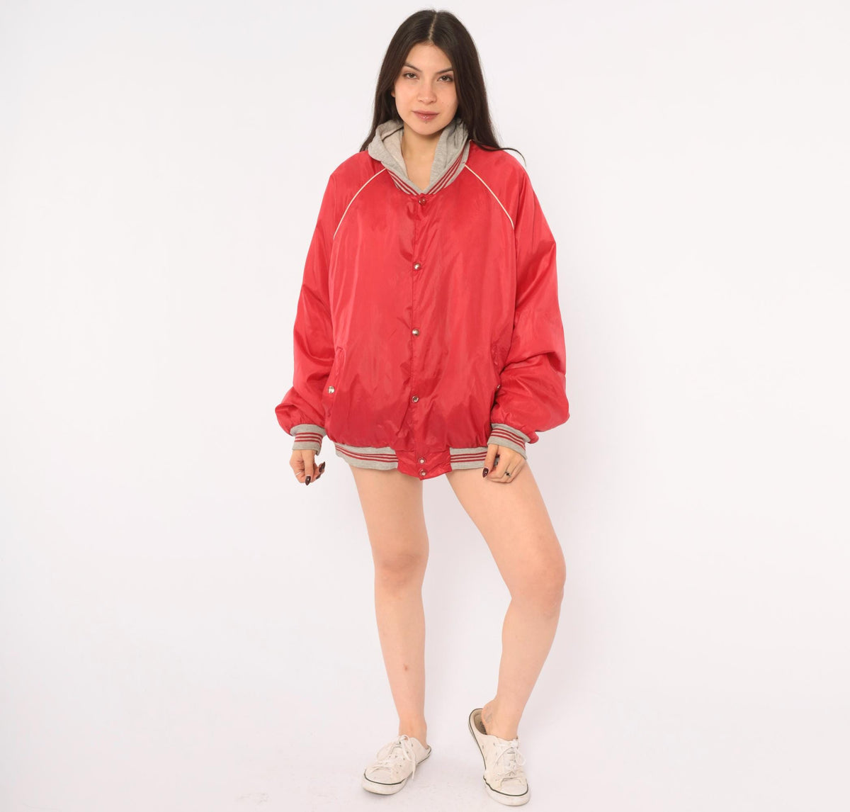 80s Bass Pro Shops Hooded Bomber Jacket Red Grey Raglan Windbreaker Medium