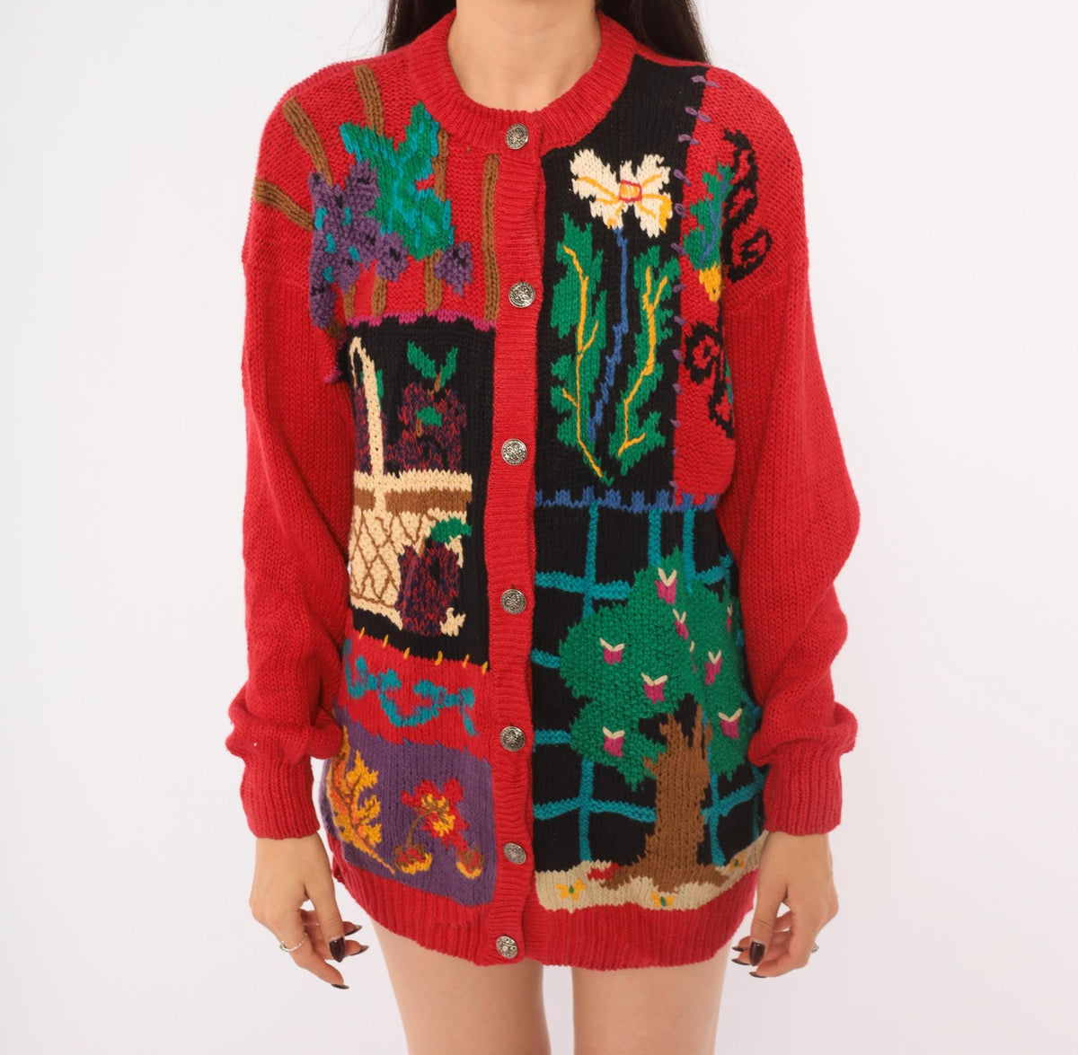 90s Hand Knit Cardigan Red Garden Scene Intarsia Floral Button Front Medium