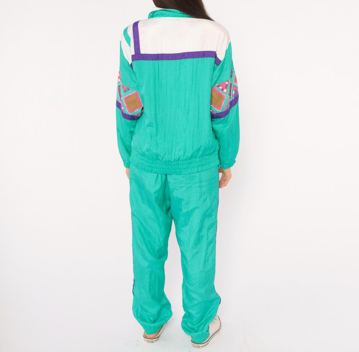 90s PS Sport Teal Tracksuit Set Windbreaker Jacket Jogger Pants Geometric Diamond Print Small