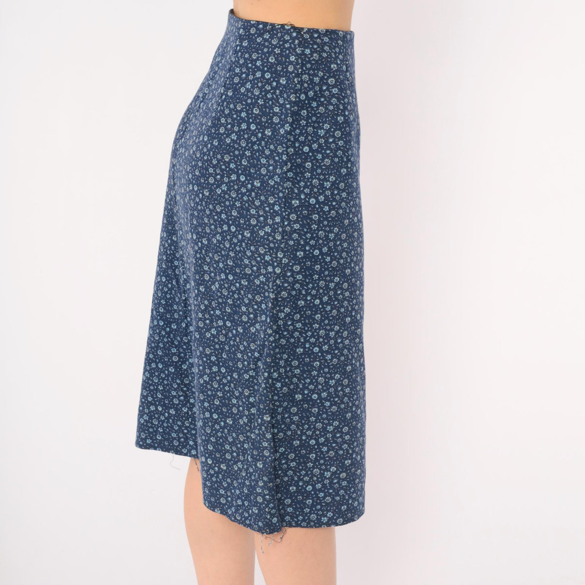 60s Navy Ditsy Floral Calico Cotton A-Line Skirt High Waist Extra Small
