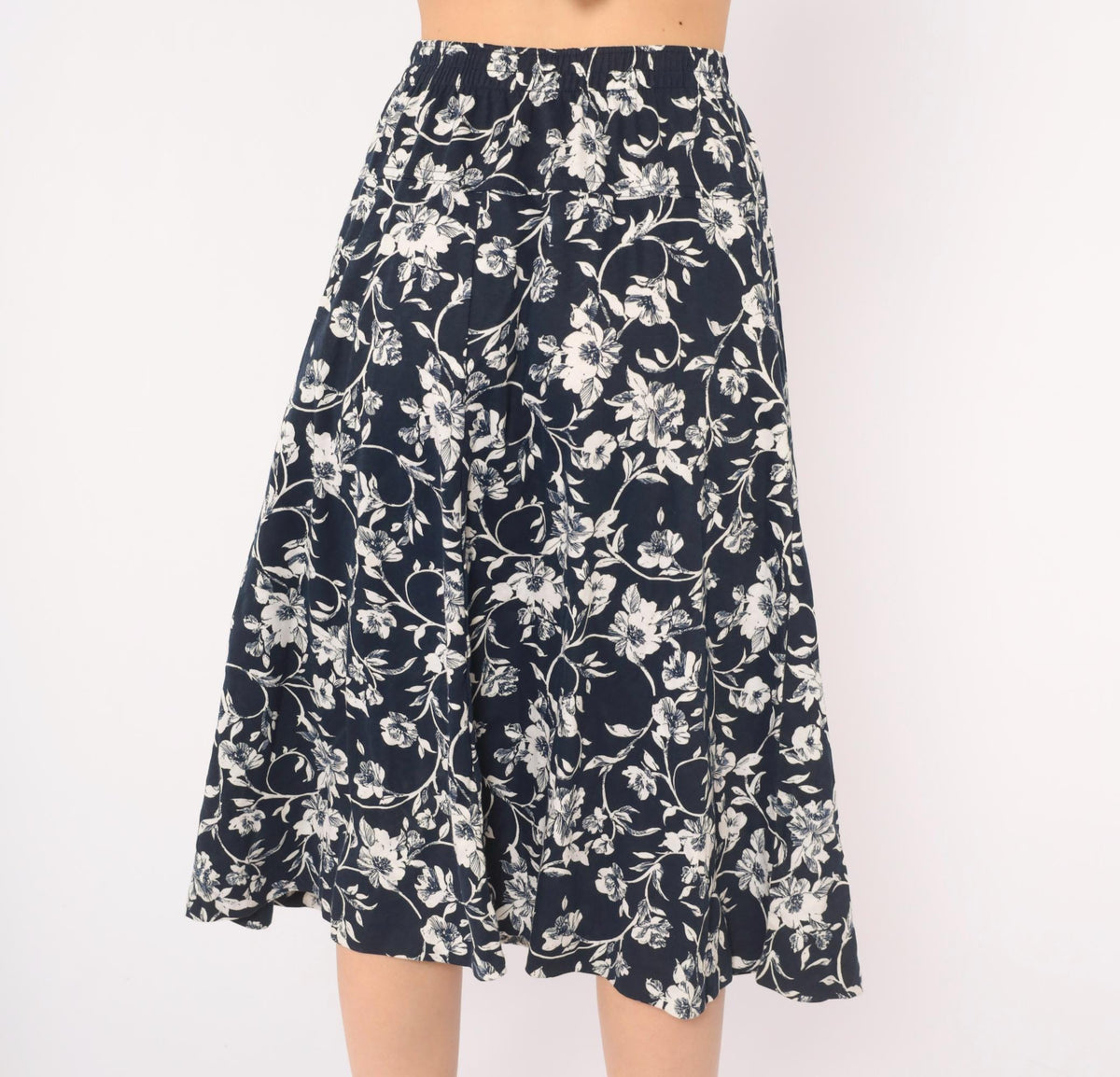 80s Season Ticket Navy Floral Midi Skirt White Flower Print Cotton Small