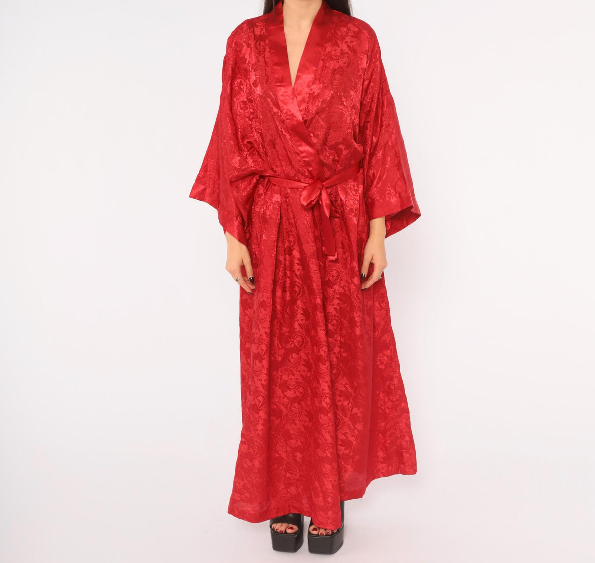 90s Contessa Di Roma Red Satin Robe Floral Jacquard Maxi Wrap Plus Size XXL