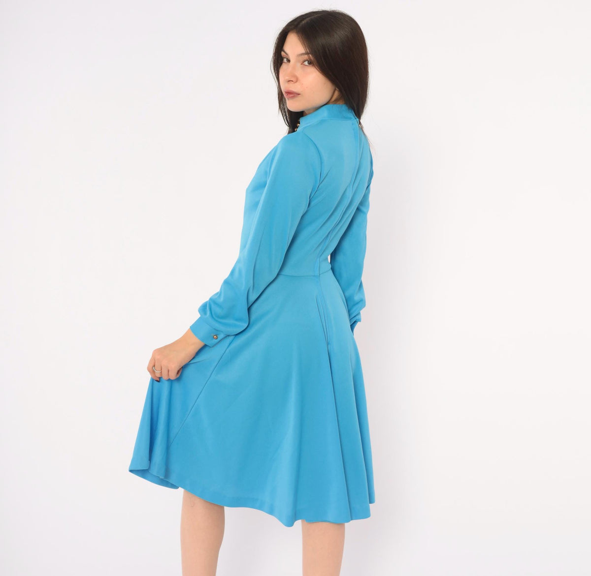 70s Sky Blue A-Line Dress Long Sleeve Keyhole Gold Buttons Small S