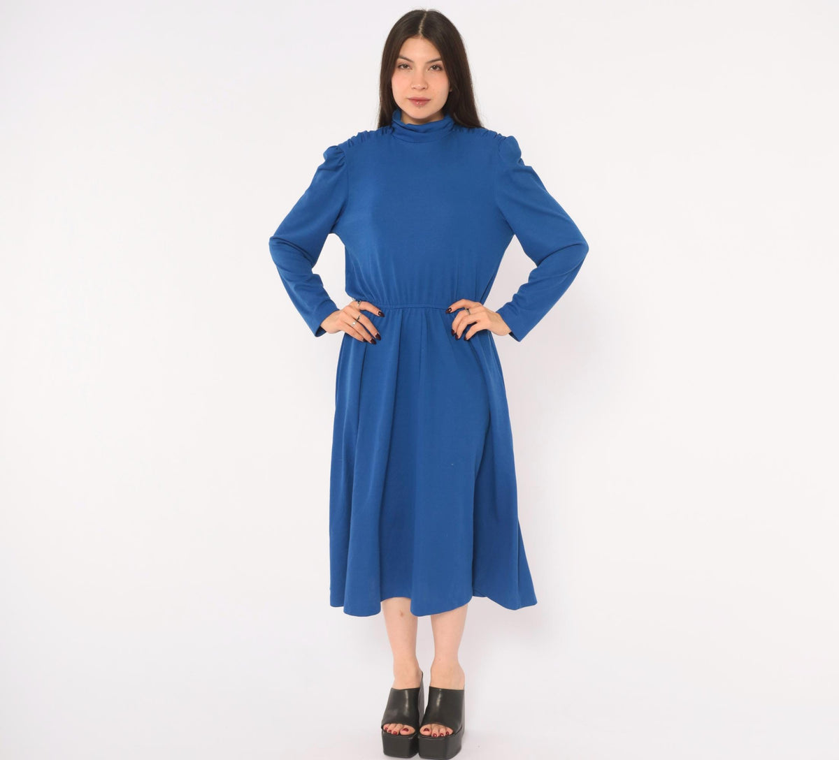 80s Cobalt Midi Dress Puff Shoulder Mock Neck A-Line Pockets Royal Blue Medium M