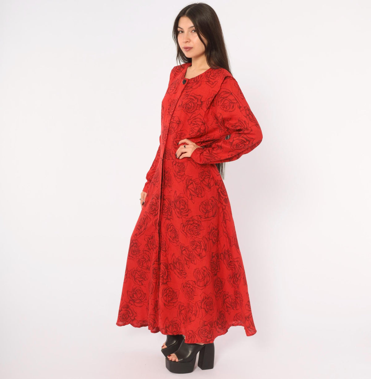 80s Red Rose Print Linen Dress Black Floral Ankle Length Button Front Medium