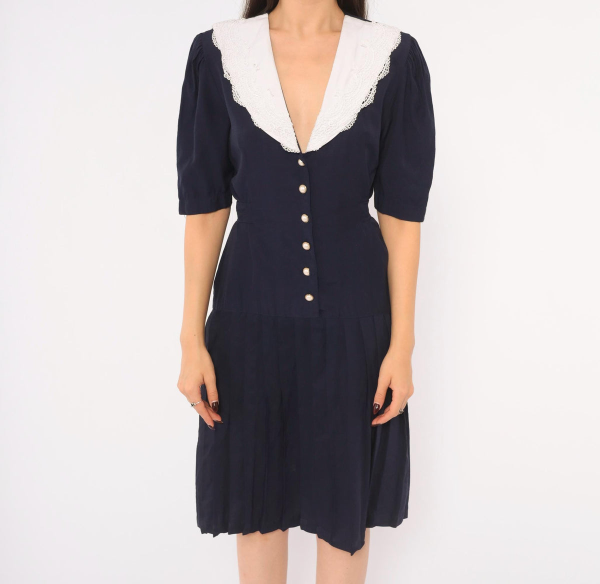 90s Navy Lace Collar Dress White Pearl Buttons Puff Sleeve Pleated Skirt Small