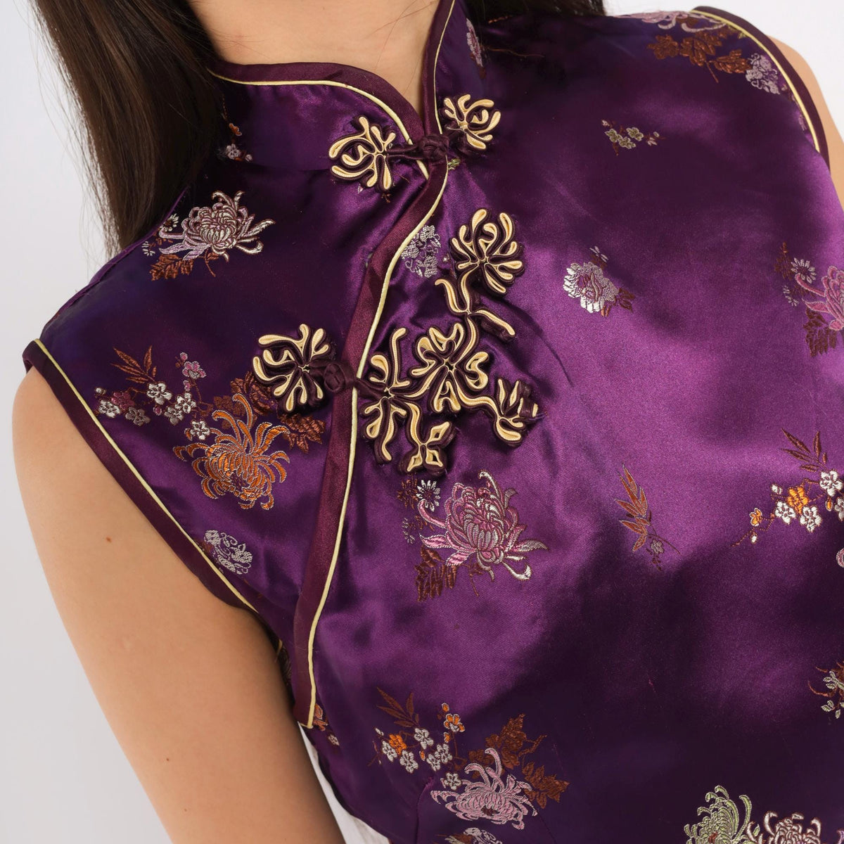 Y2K Purple Cheongsam Dress Floral Brocade Mandarin Collar Frog Button XS