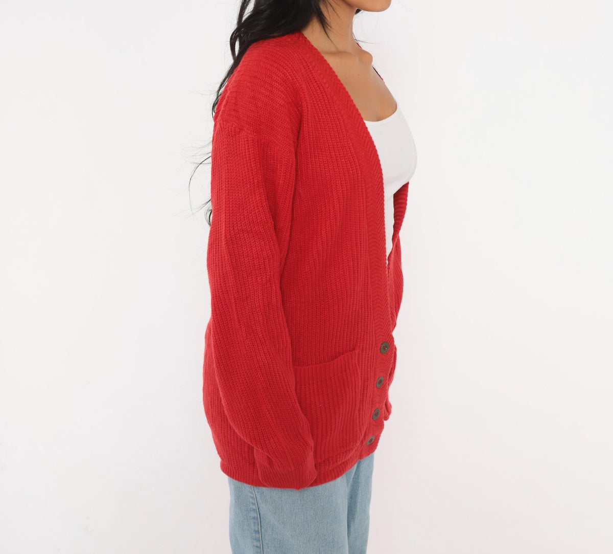 80s Steppingstones Red Chunky Knit Cardigan V-Neck Button Front Small