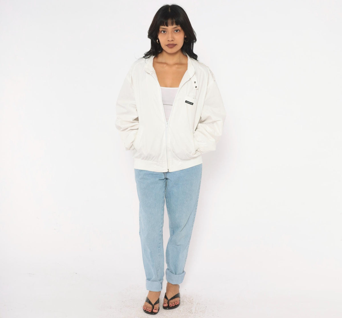 80s Members Only Bomber Jacket White Zip Front Raglan Windbreaker Small