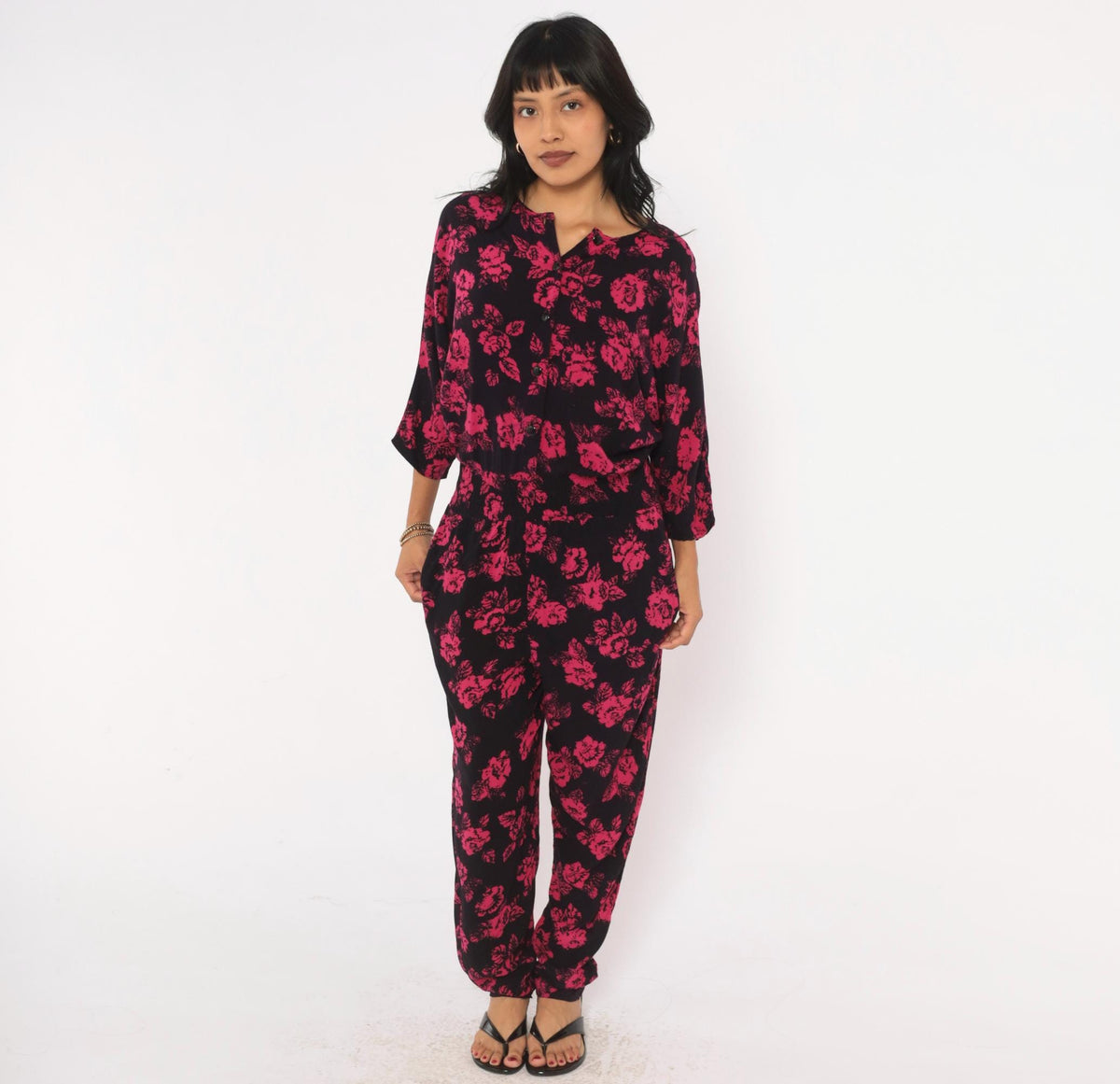 90s Joni Blair Floral Jumpsuit Black Pink Rose Button Front Dolman Medium
