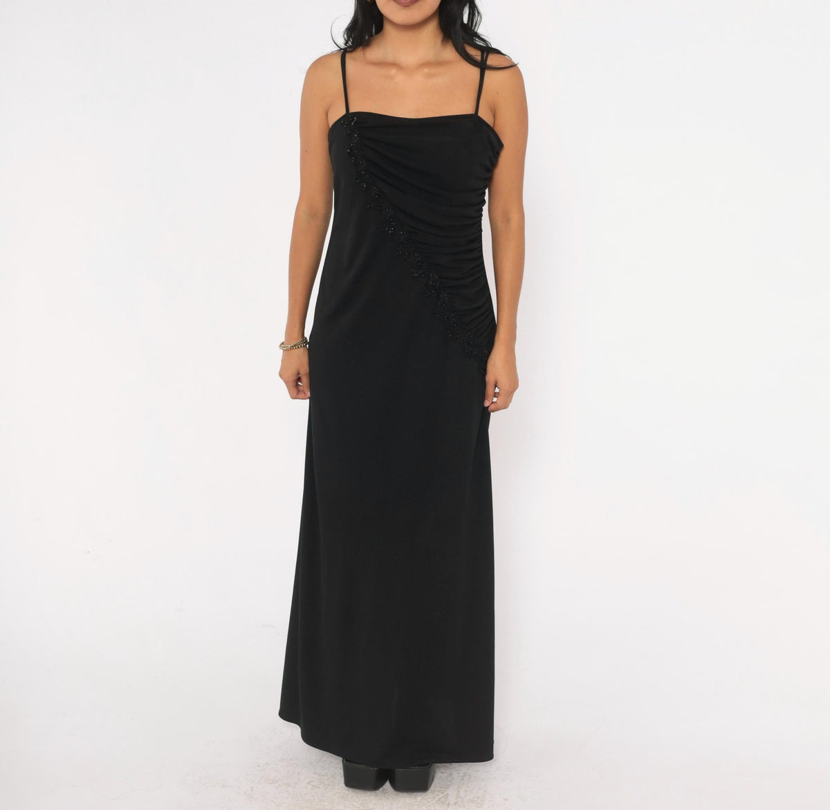 90s Scarlett Black Maxi Dress Beaded Trim Ruched Square Neck Medium M