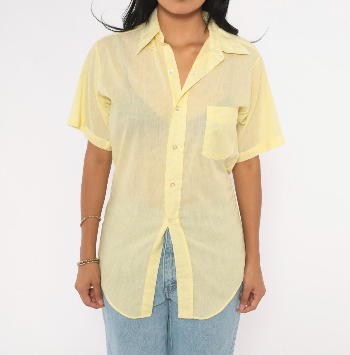 70s Yellow Cotton Button Up Shirt Short Sleeve Pointed Collar Chest Pocket Extra Small XS