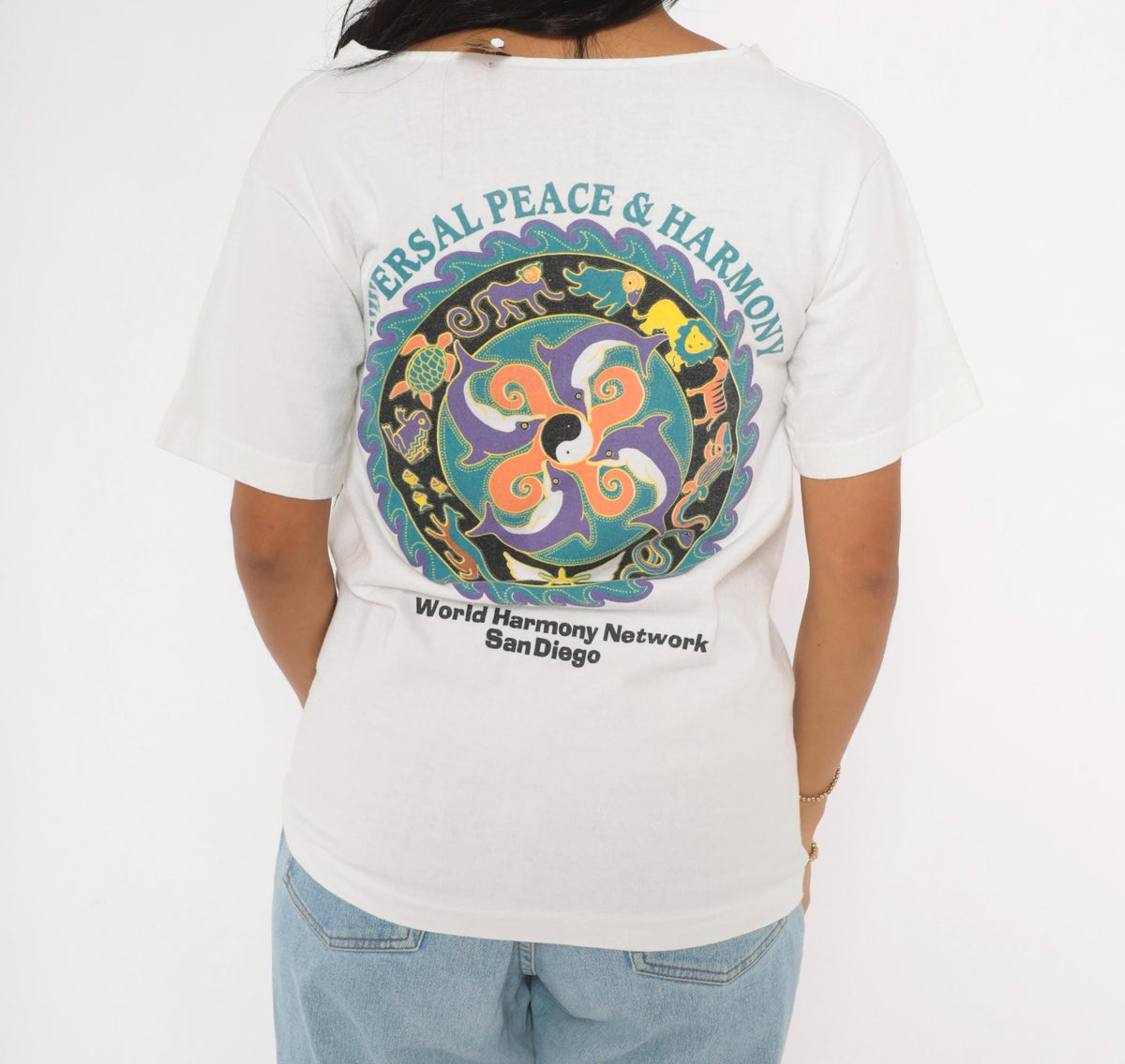 90s San Diego Dolphin Yin Yang Mandala Graphic Tee White Small