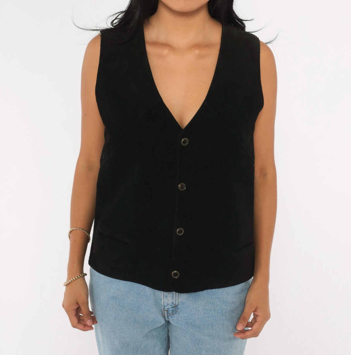 90s Black Suede Vest Deep V Snap Button Western Waistcoat Medium M