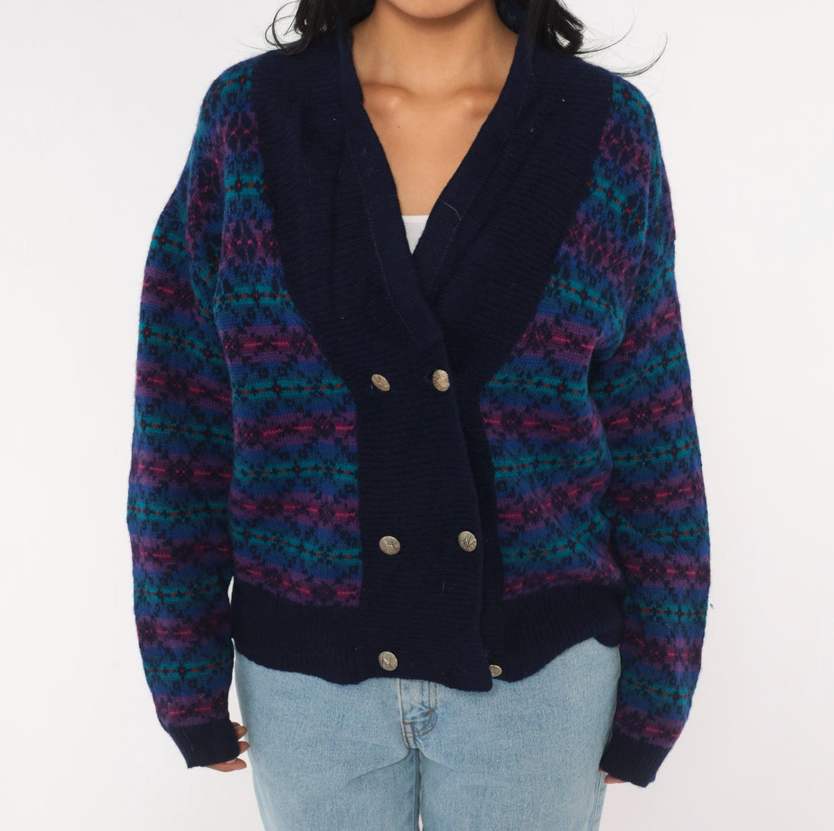 80s Fair Isle Cardigan Navy Wool Blend Shawl Collar Double Breasted Medium M