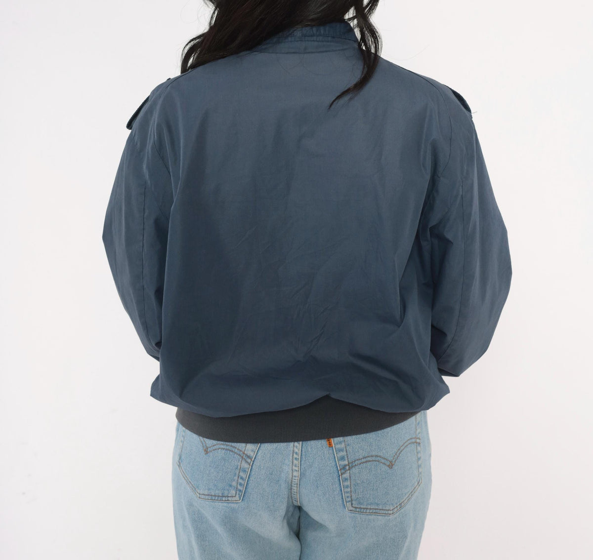 80s Members Only Bomber Jacket Navy Blue Snap Collar Grey Ribbed Trim Medium