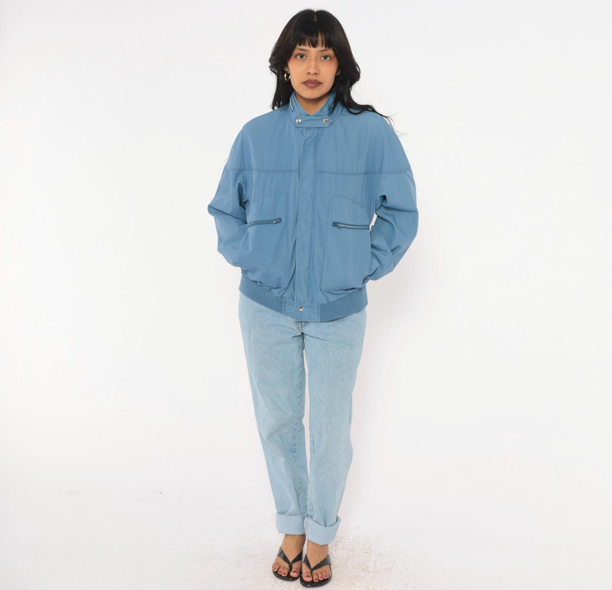 80s Crossings Bomber Jacket Slate Blue Dolman Sleeve Zip Front Medium
