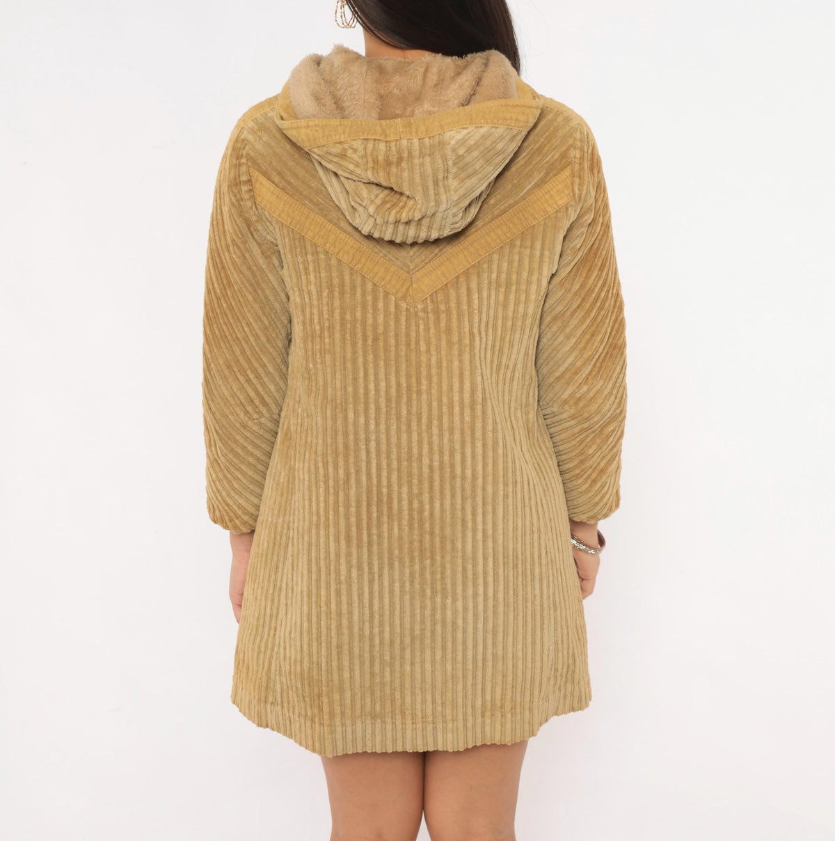 70s Rovercoat Arthur Jay Corduroy Hooded Coat Beige Wide Wale Faux Fur Lined Small S