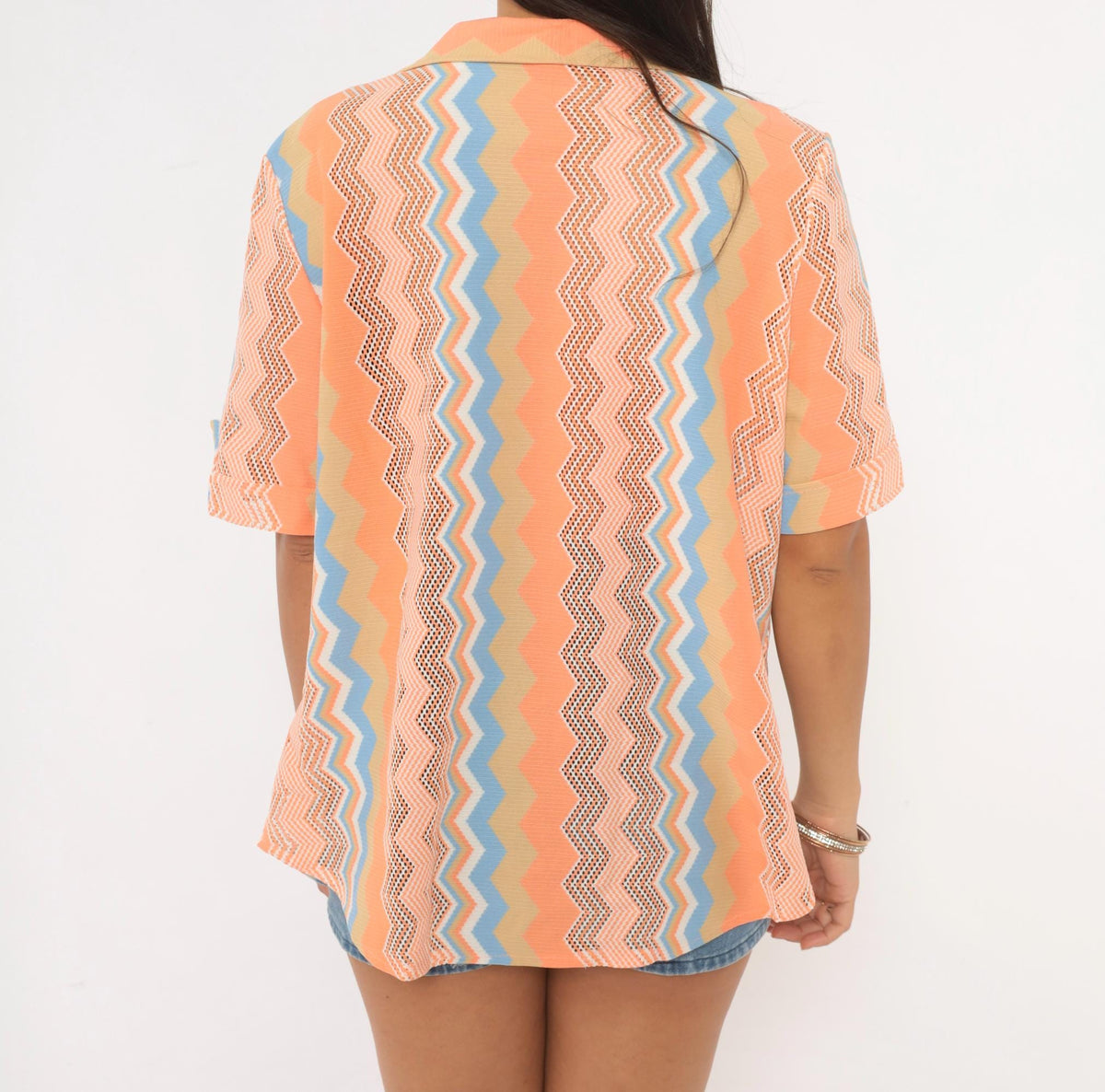 70s Chevron Zigzag Button Up Blouse Orange Coral Blue Open Knit Mesh Large
