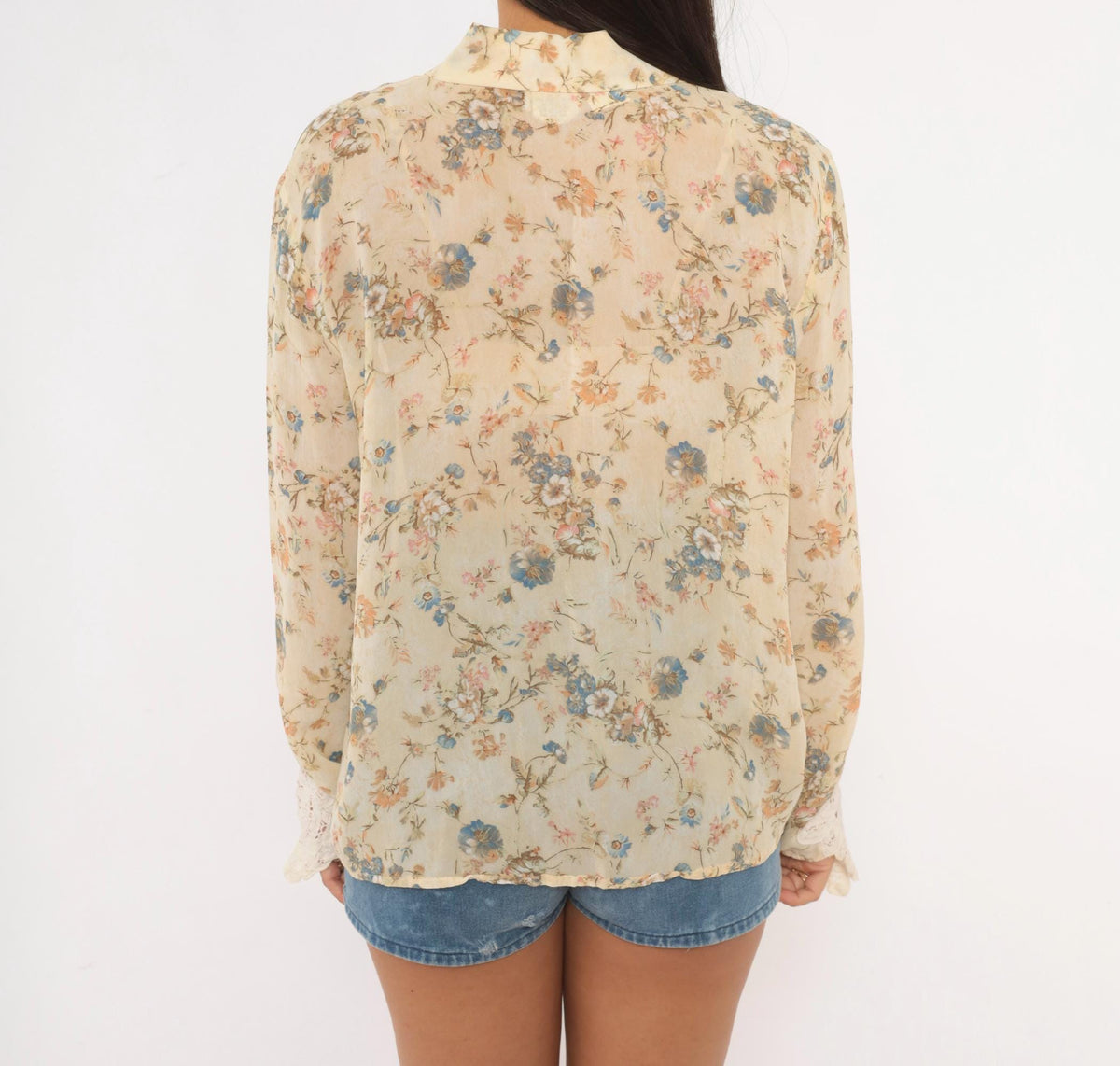 90s Clio Floral Blouse Beige Rayon Semi-Sheer Lace Cuff Medium M