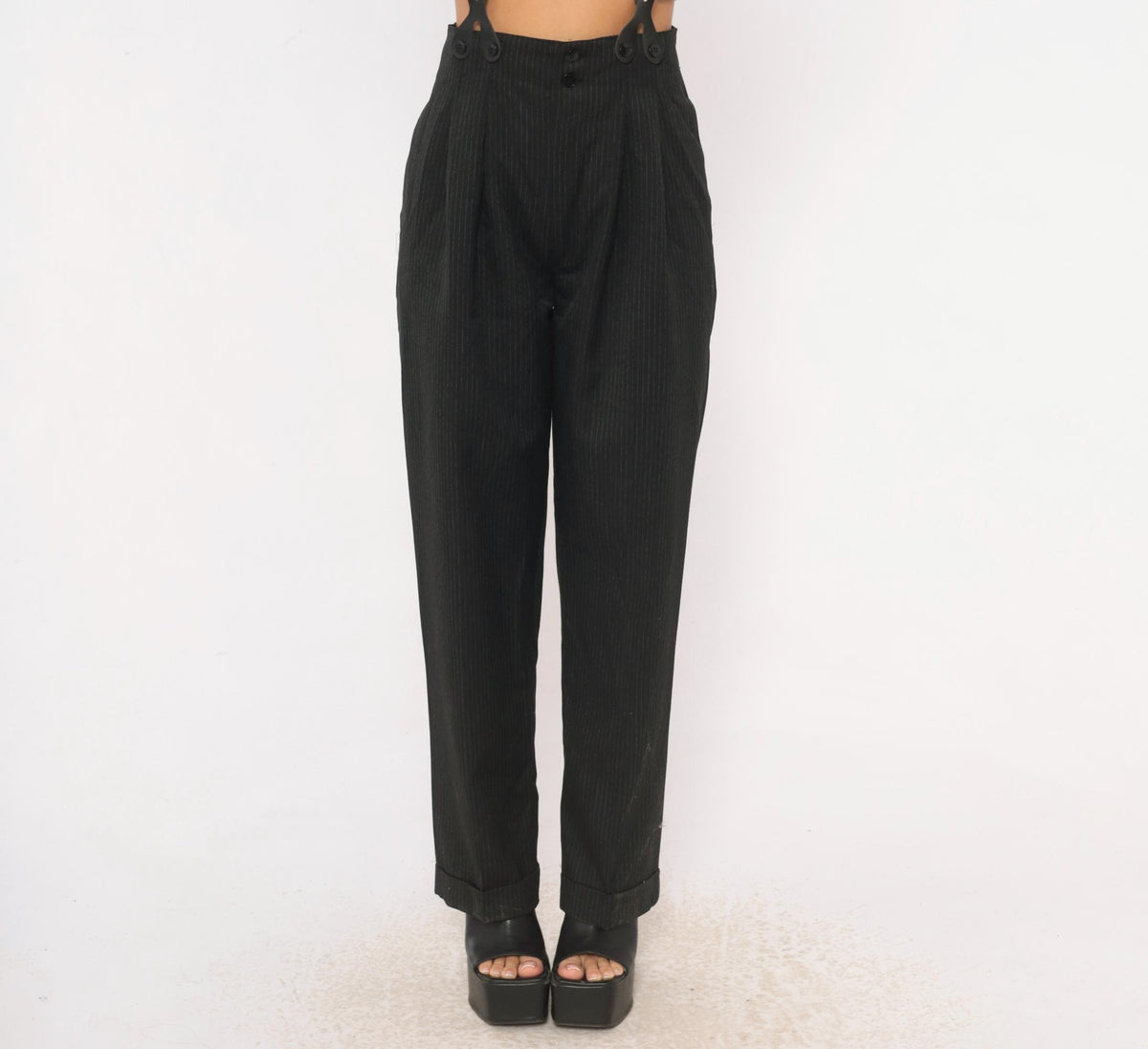 80s 7th Alternative Pinstripe Trousers Black High Waist Pleated Tapered Small S