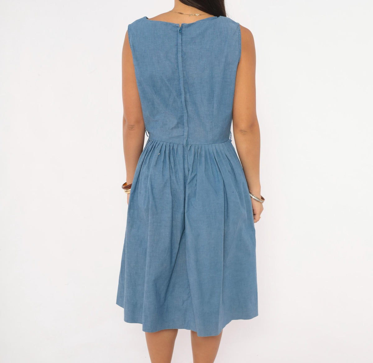 60s Blue Chambray Dress Cat Applique Boat Neck Below Knee Small