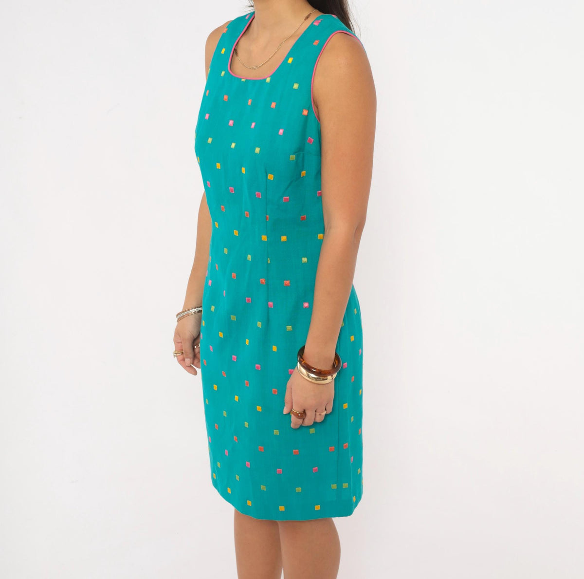 90s First Focus Teal Shift Dress Embroidered Geometric Scoop Neck Small