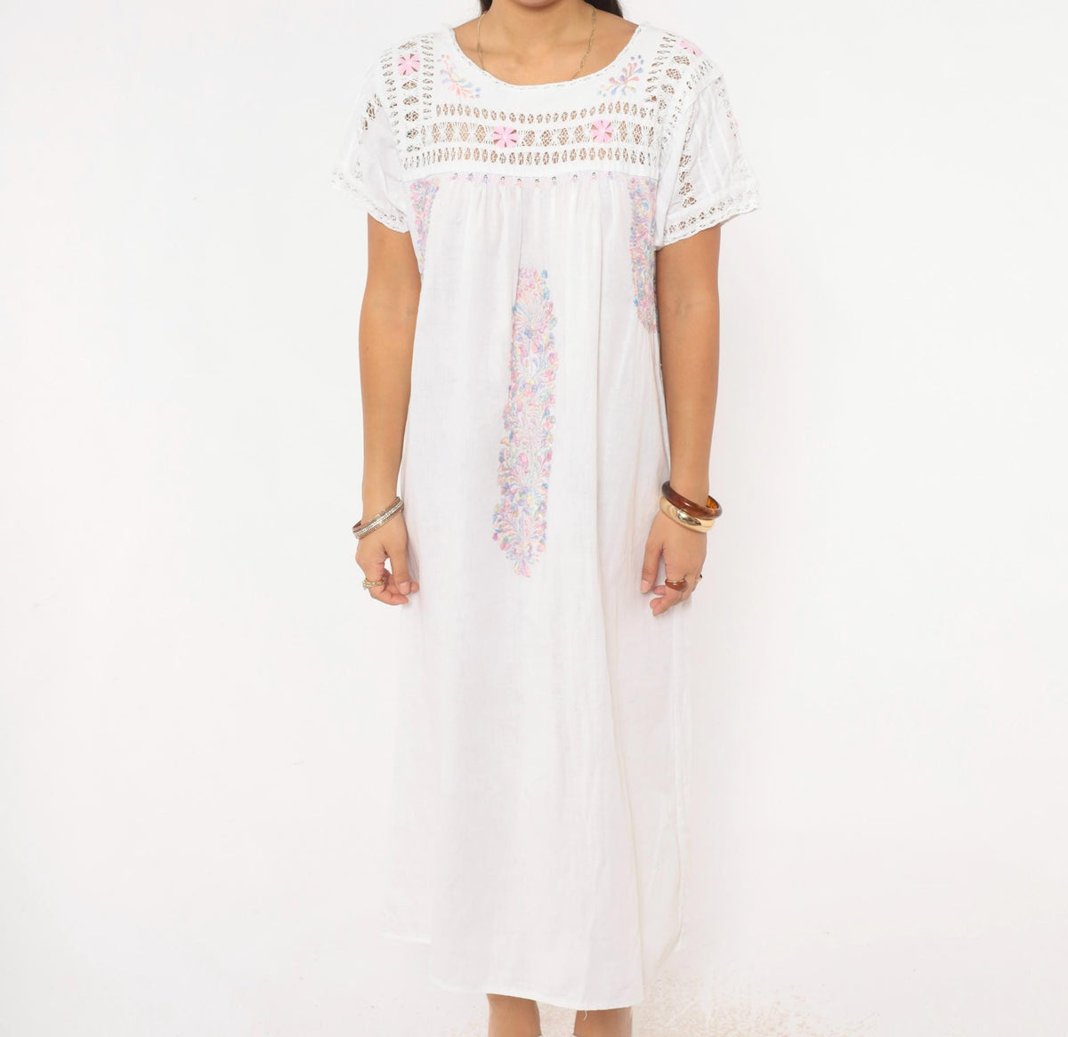 80s Mexican Embroidered Dress White Floral Crochet Lace Yoke Midi Large