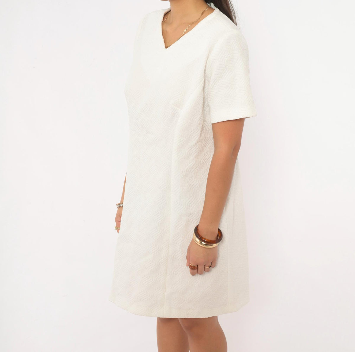 60s White Shift Dress V Neck Short Sleeve Mod A Line Jacquard Medium M