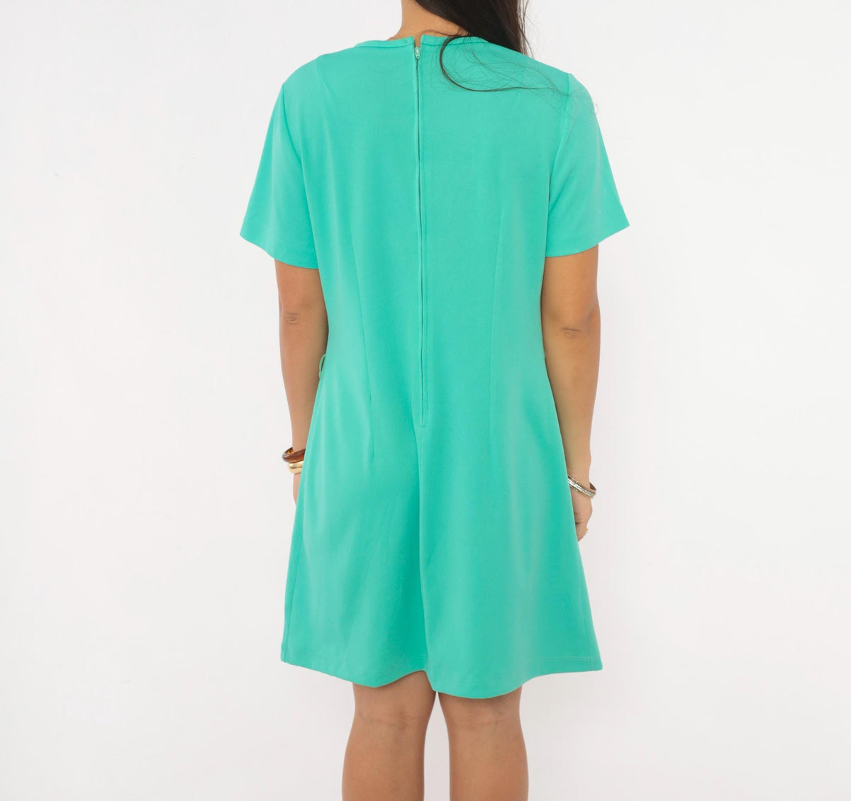 70s Teal Shift Dress A-Line Crew Neck Short Sleeve Solid Green Large