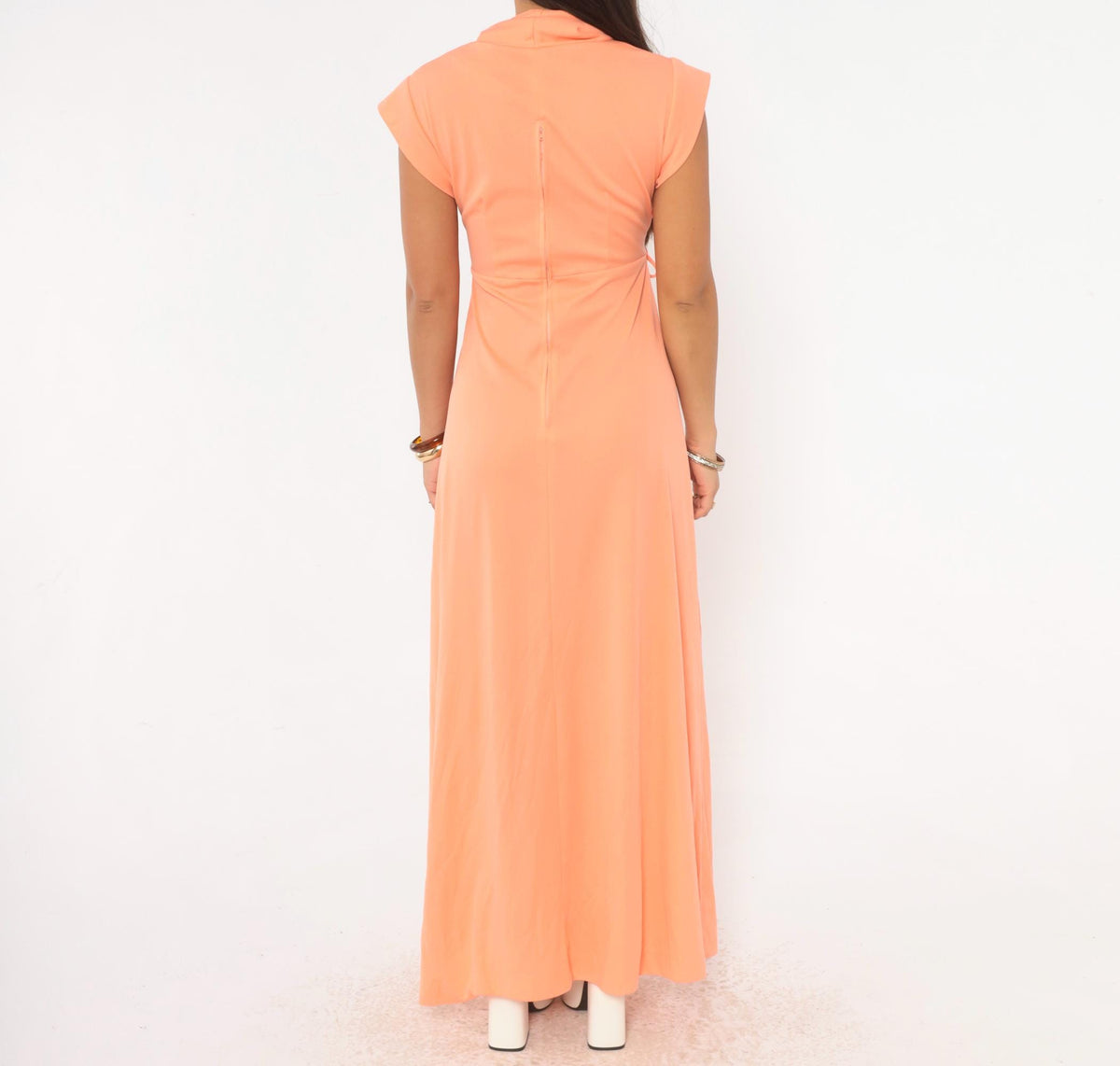 70s Peach Maxi Dress Cowl Neck Cap Sleeve Empire Waist A-Line Medium