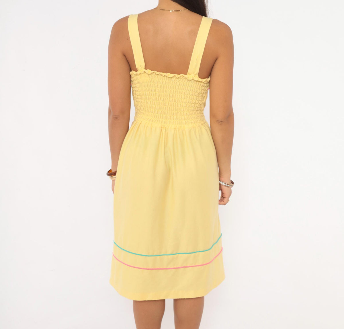 80s Yellow Sundress Mr. Joe Square Neck Teal Pink Piping Medium