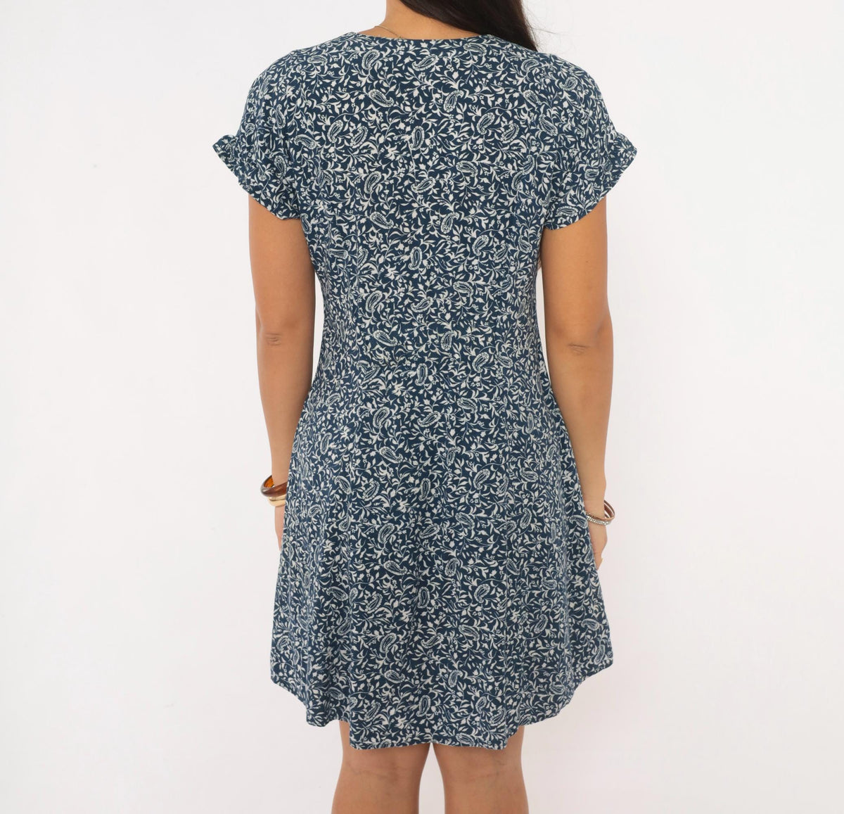 90s Caroline Wells Navy Paisley Floral Dress Button Front V Neck Medium M