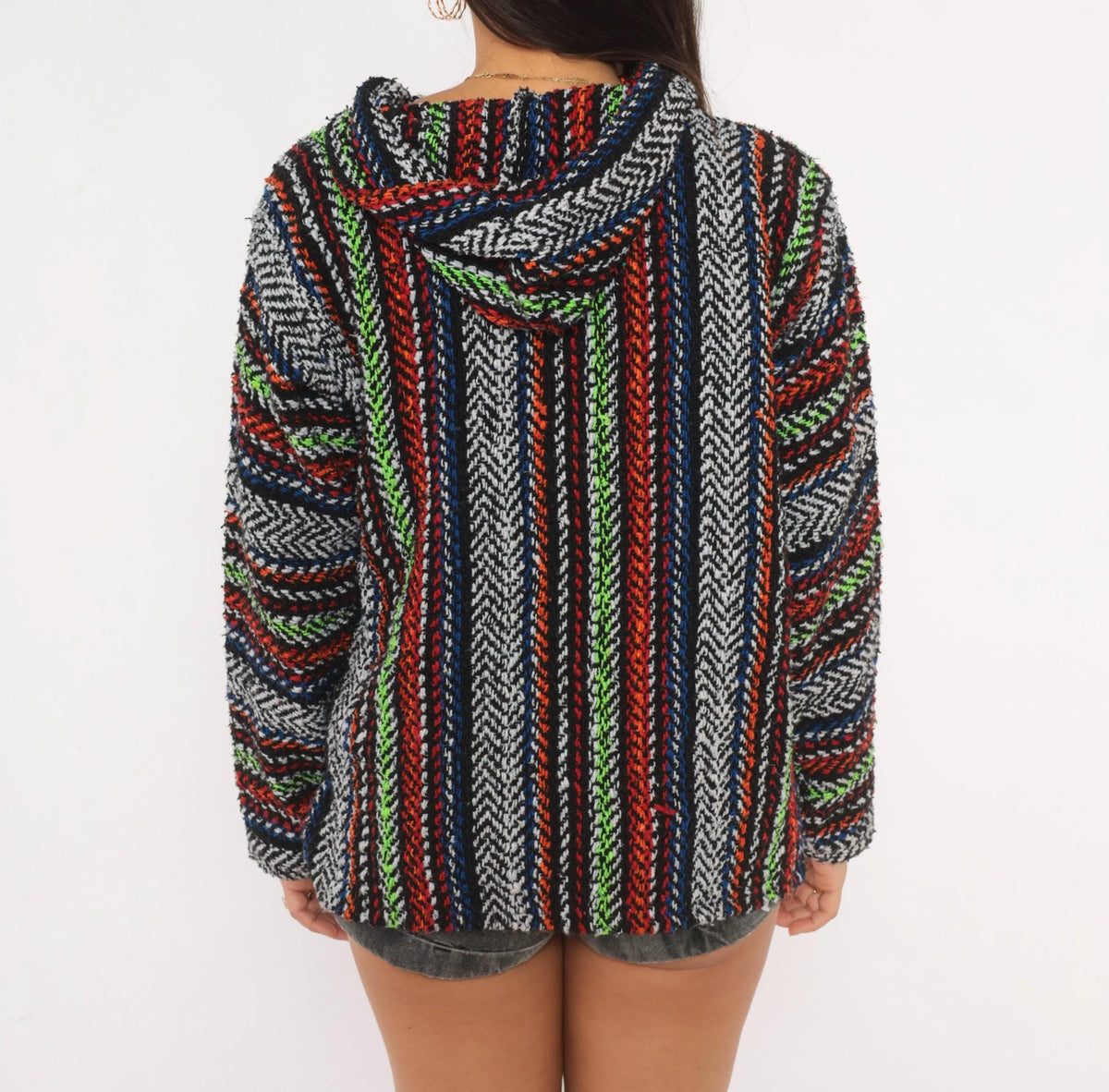 90s Earth Ragz Baja Hoodie Striped Black White Neon Green Small