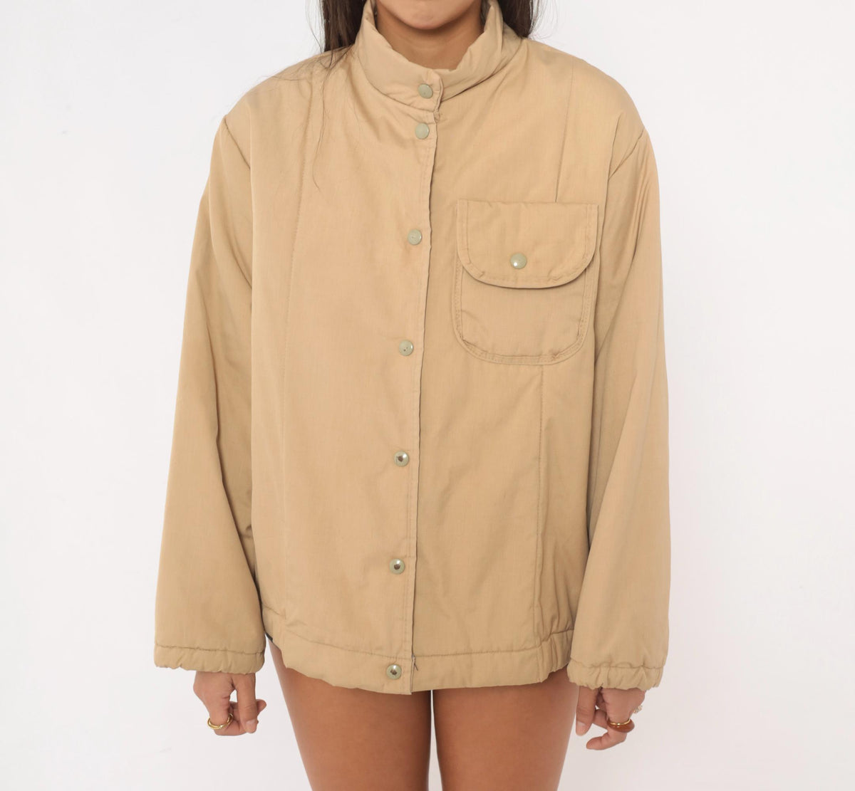 80s Avon Beige Snap Front Insulated Jacket Navy Lined Small