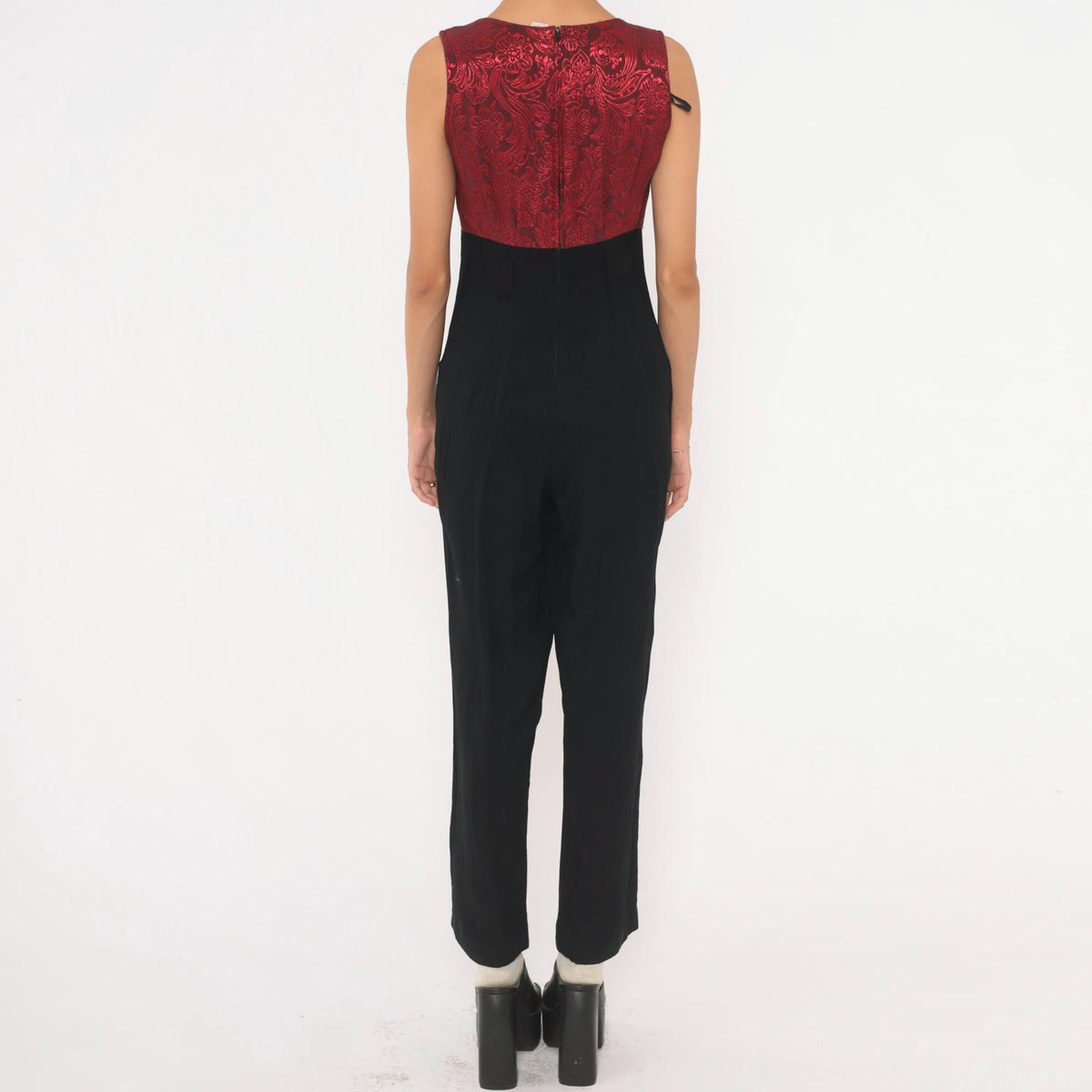 90s Black Jumpsuit Red Brocade Bodice Sleeveless High Waist Small S