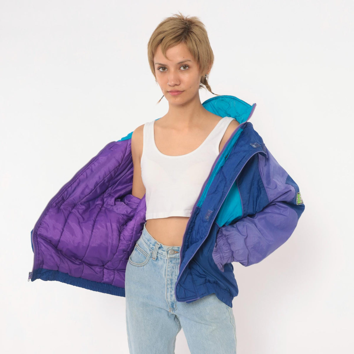 90s EZ Color Block Windbreaker Jacket Blue Purple Teal Quilted Small