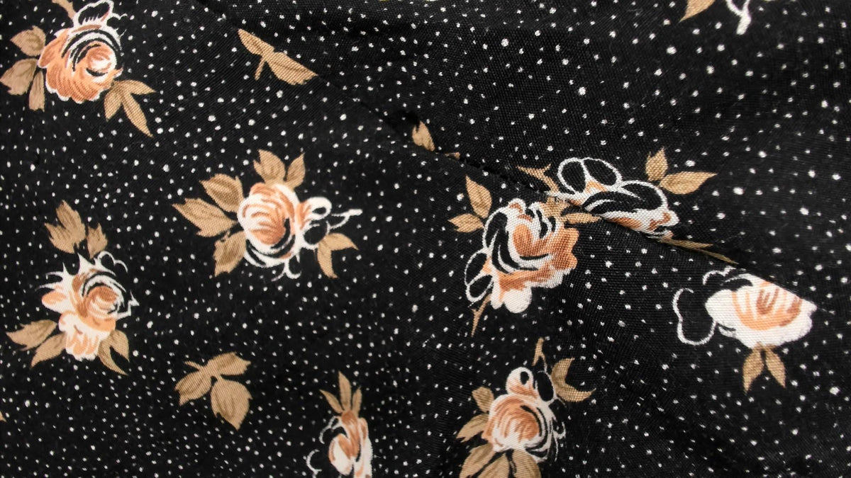90s Black Floral Rose Print Button-Front Blouse Cream Tan Large L