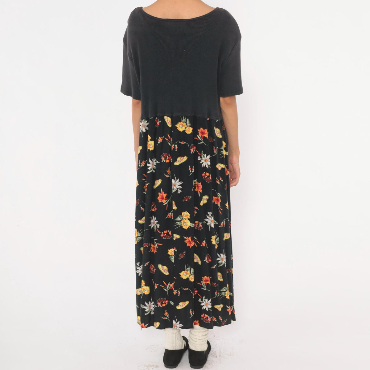 90s Petite Impressions Black Floral Midi Dress Ribbed Knit V Neck Large L