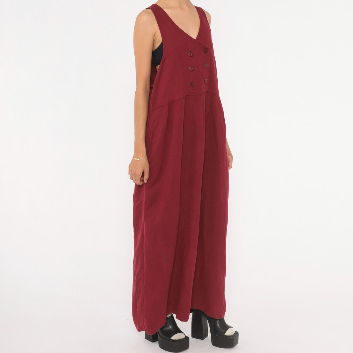 90s Burgundy Maxi Pinafore Dress V Neck Double Breasted Sleeveless Medium M