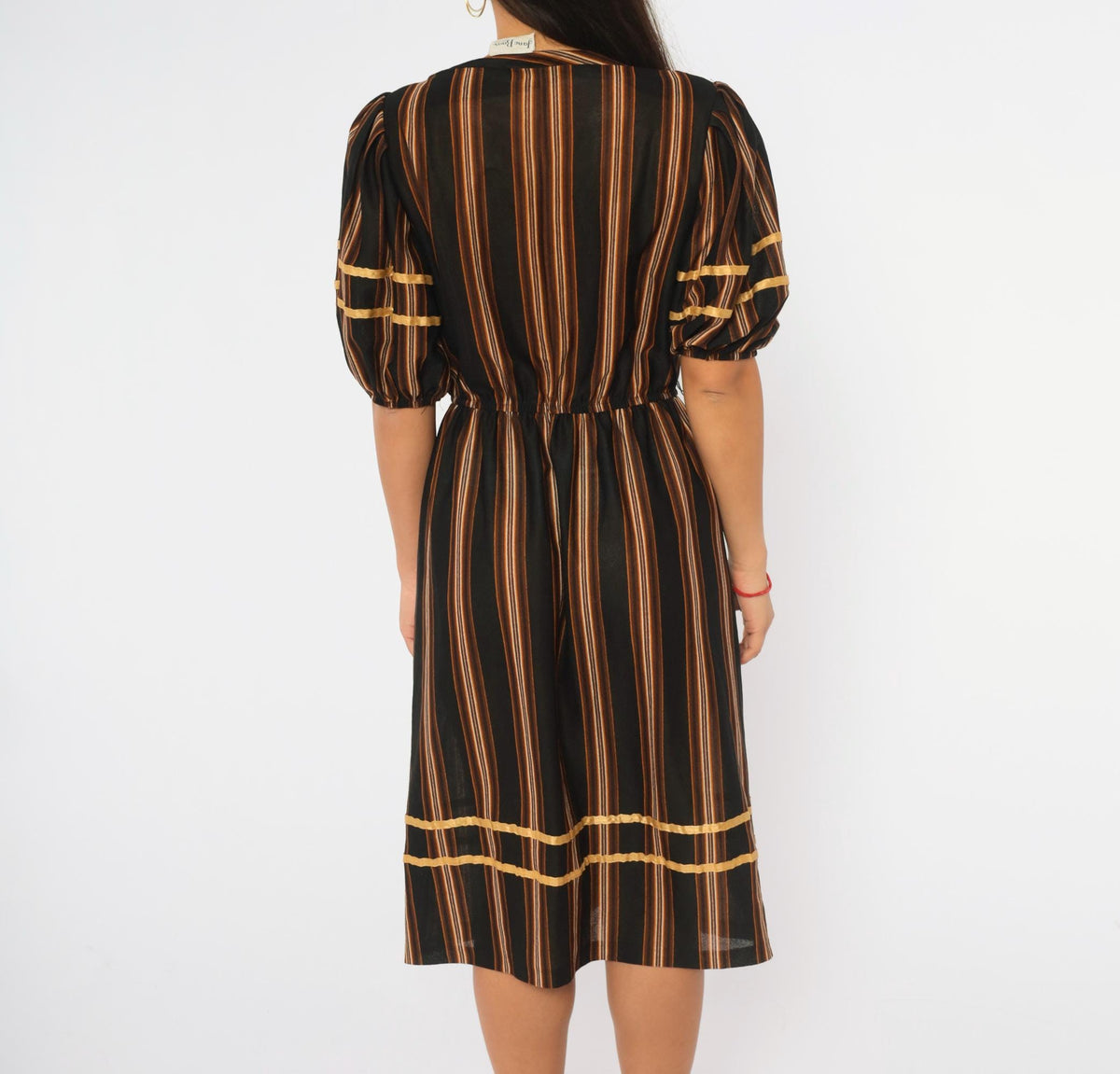 80s Jane Baar Striped Dress Puff Sleeve Gold Ribbon Trim Knee Length Small