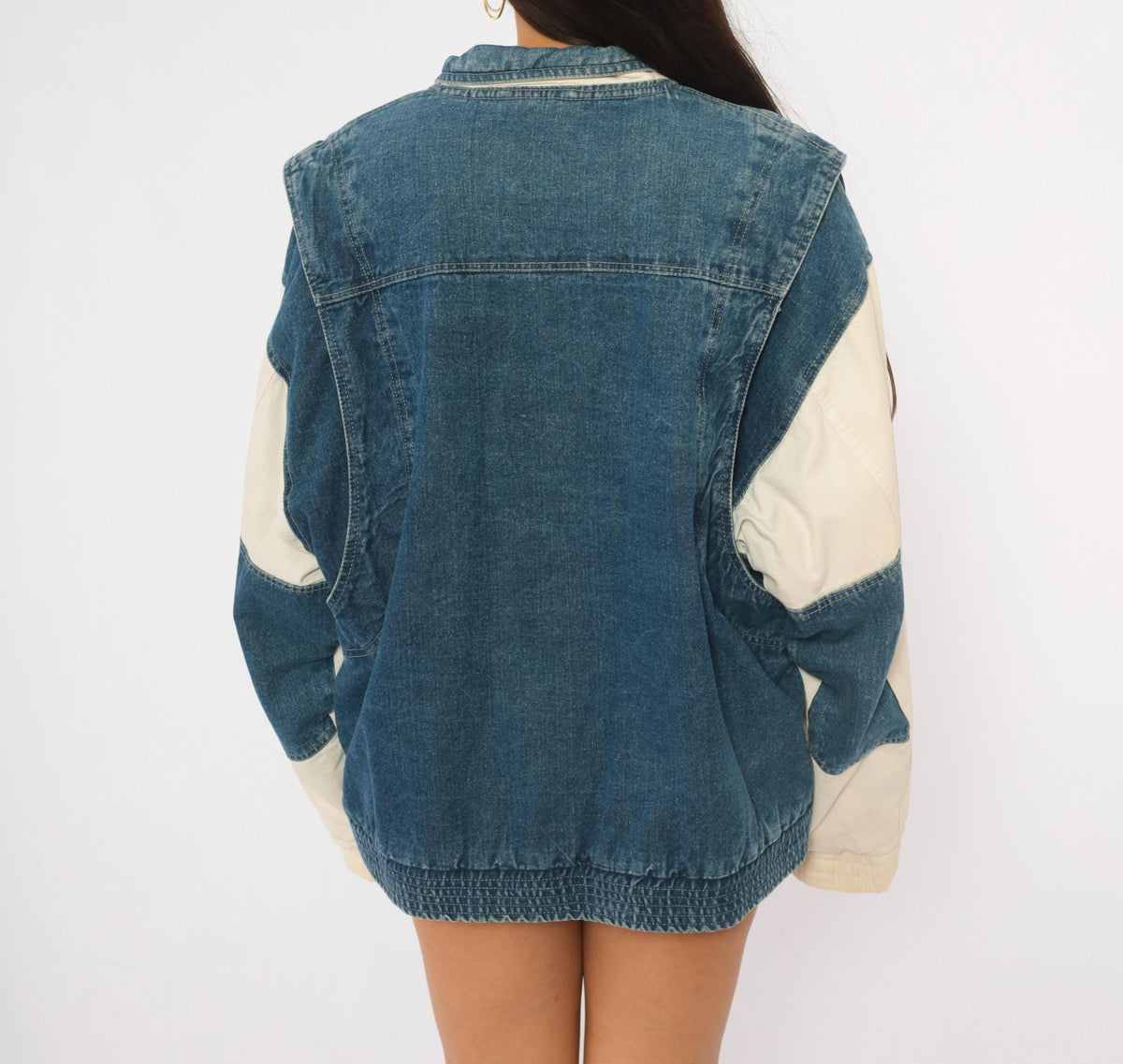 90s Dash Denim Bomber Jacket Blue Cream Color Block Dolman Large