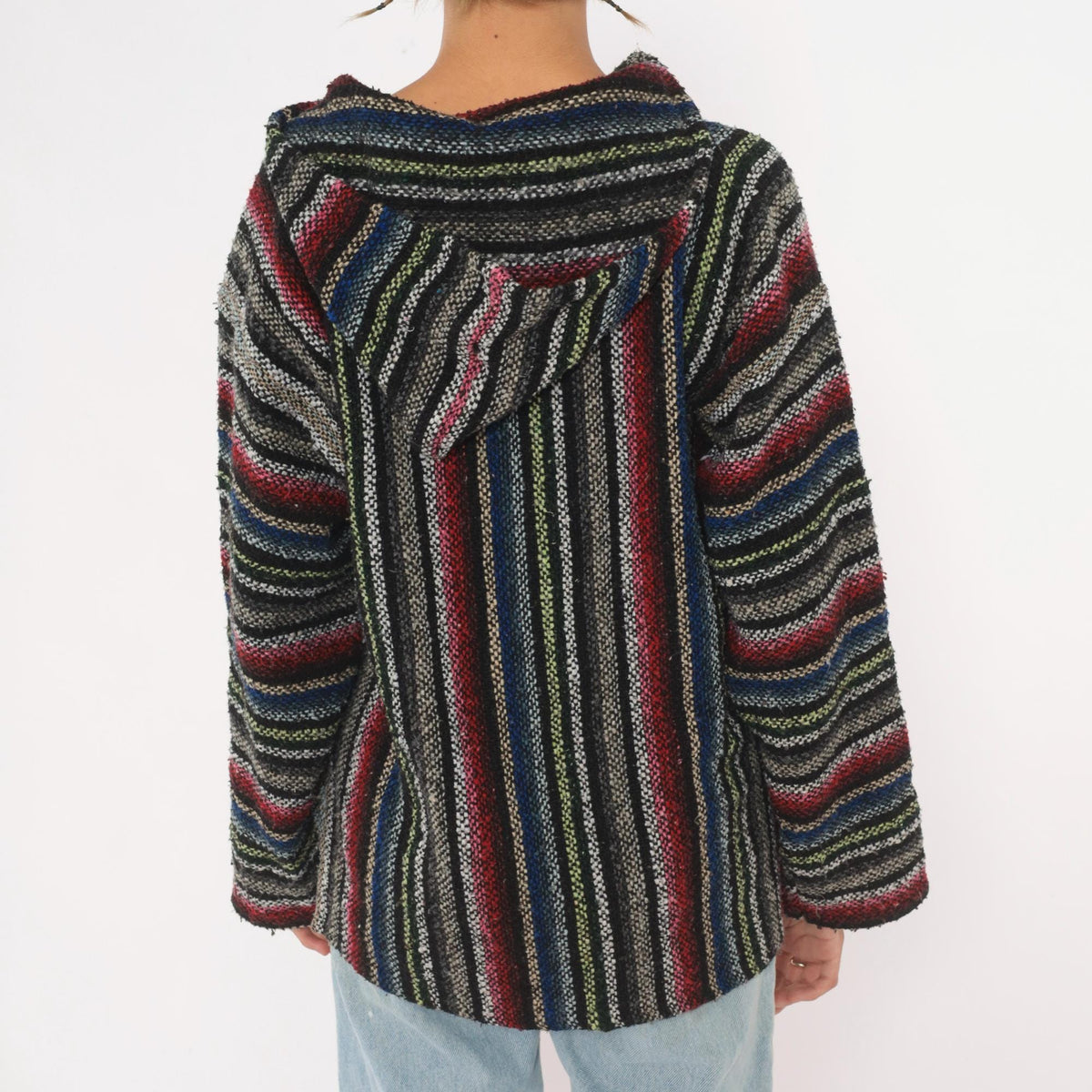 90s Artesanias Cuamatz Baja Hoodie Black Rainbow Stripe Woven Pullover Large L