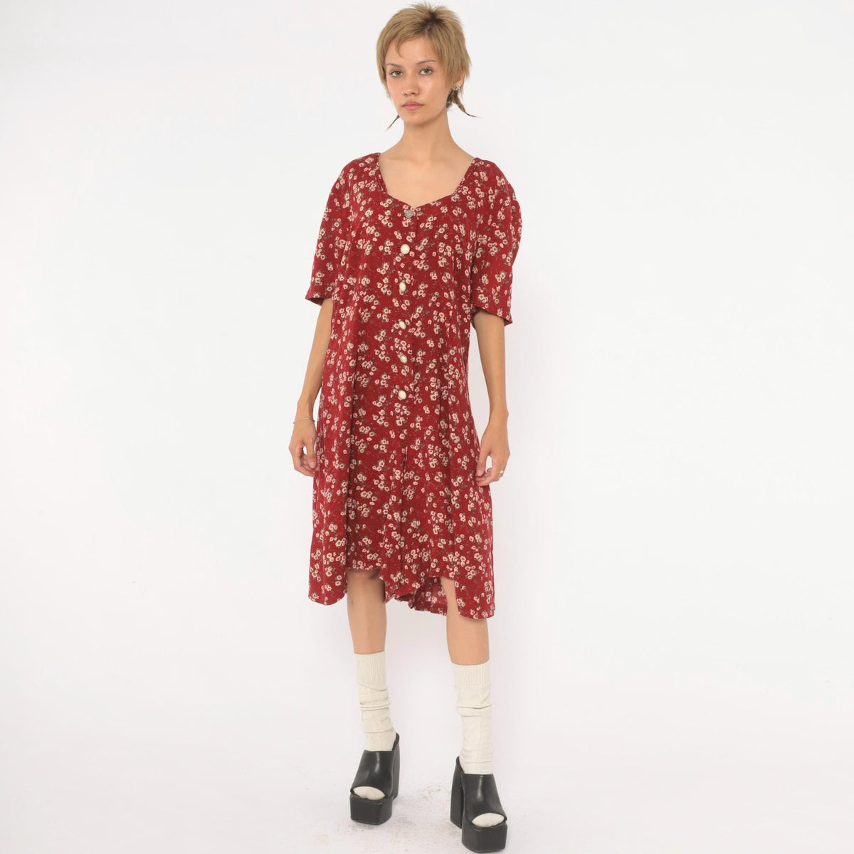 90s Sunshine Starshine Floral Romper Red Cream Sweetheart Neckline Large L