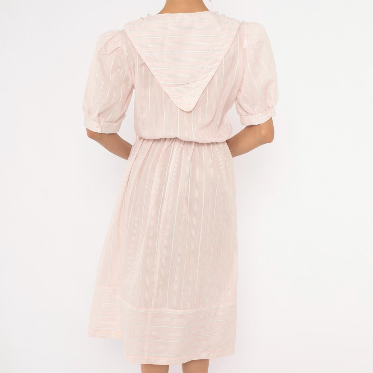 80s Pink Striped Midi Dress Puff Sleeve Sailor Collar Cotton Small
